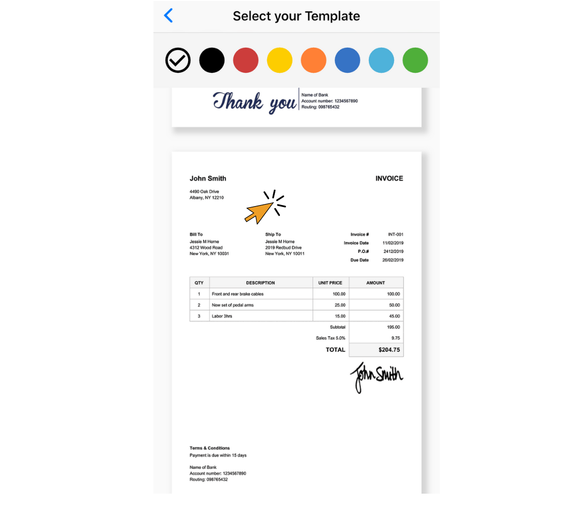 tap an invoice template