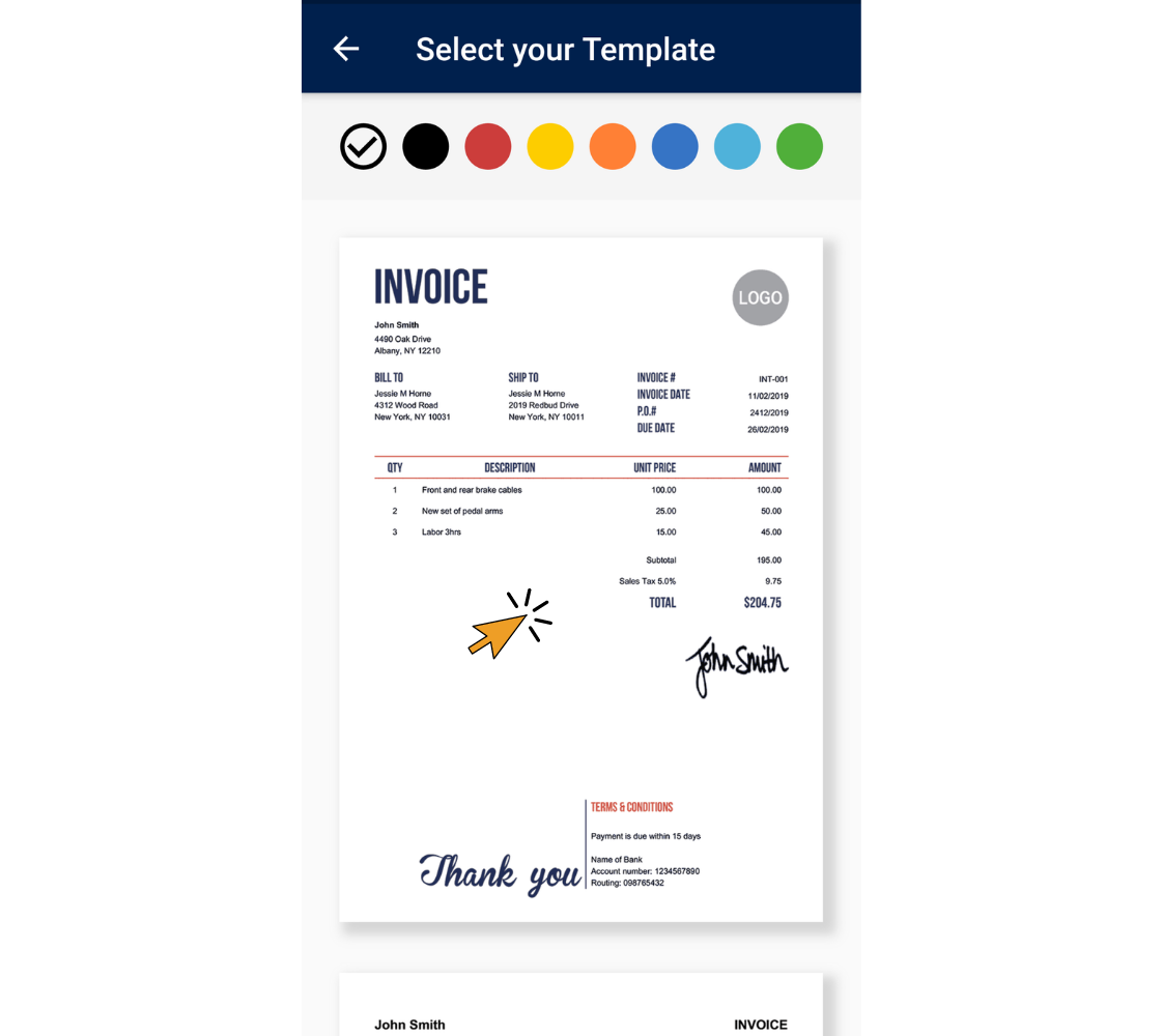 tap an invoice template