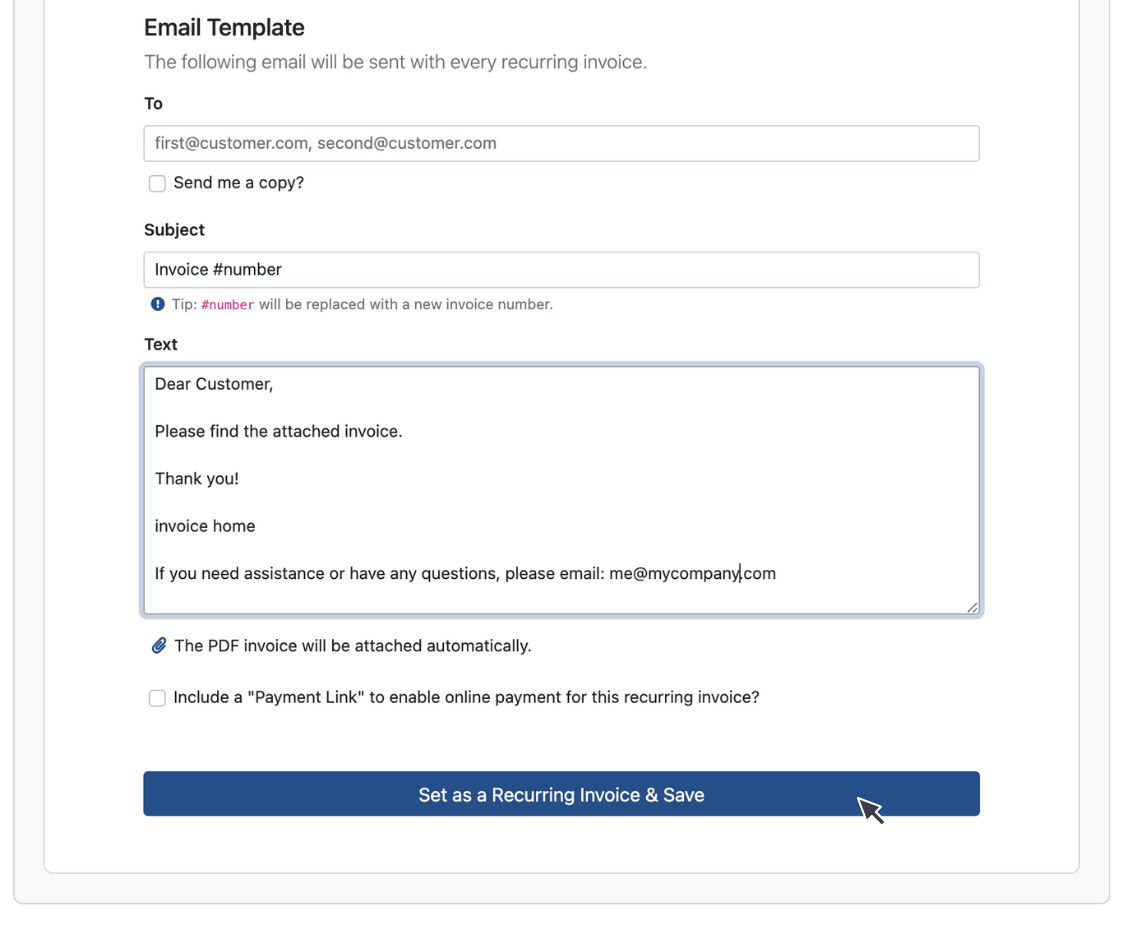 Set Recurring Invoices Email Template