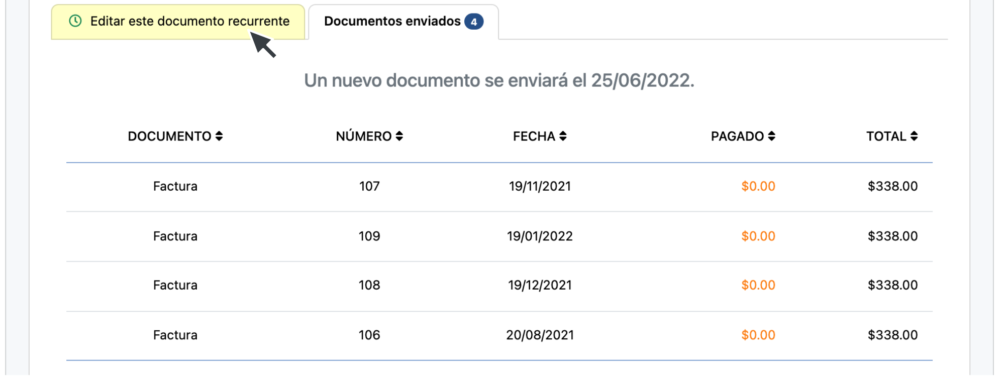 Hacer clic en editar facturas recurrentes