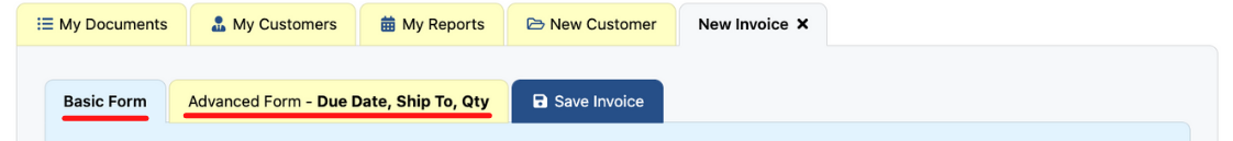 Business Invoice - basic and advanced forms tabs