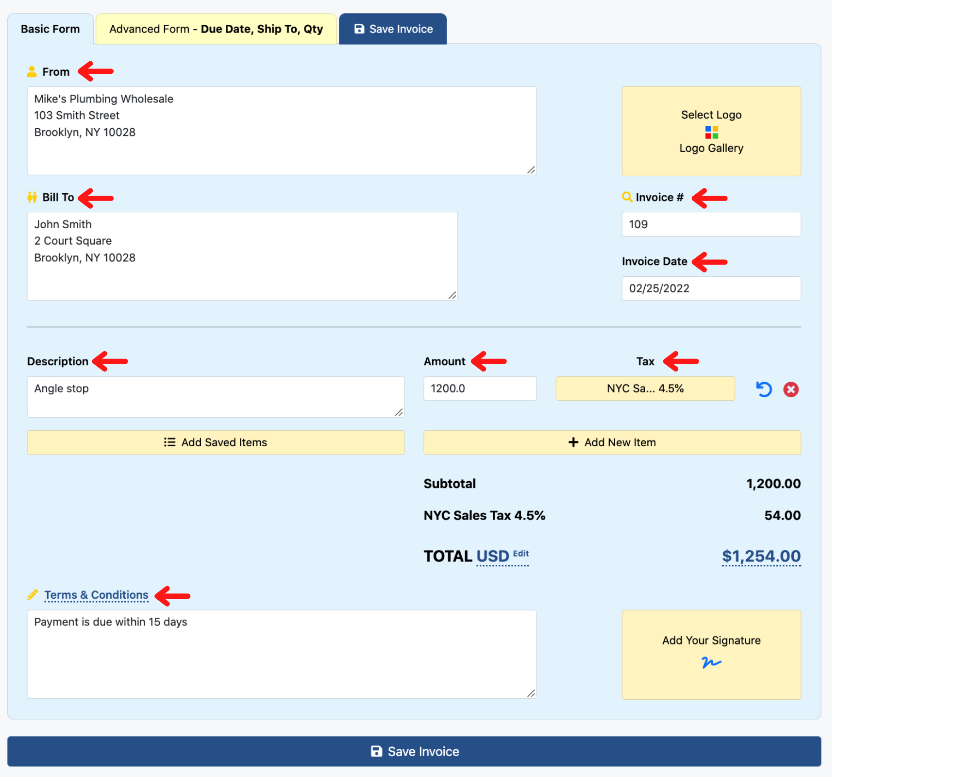 Invoice Home's basic form