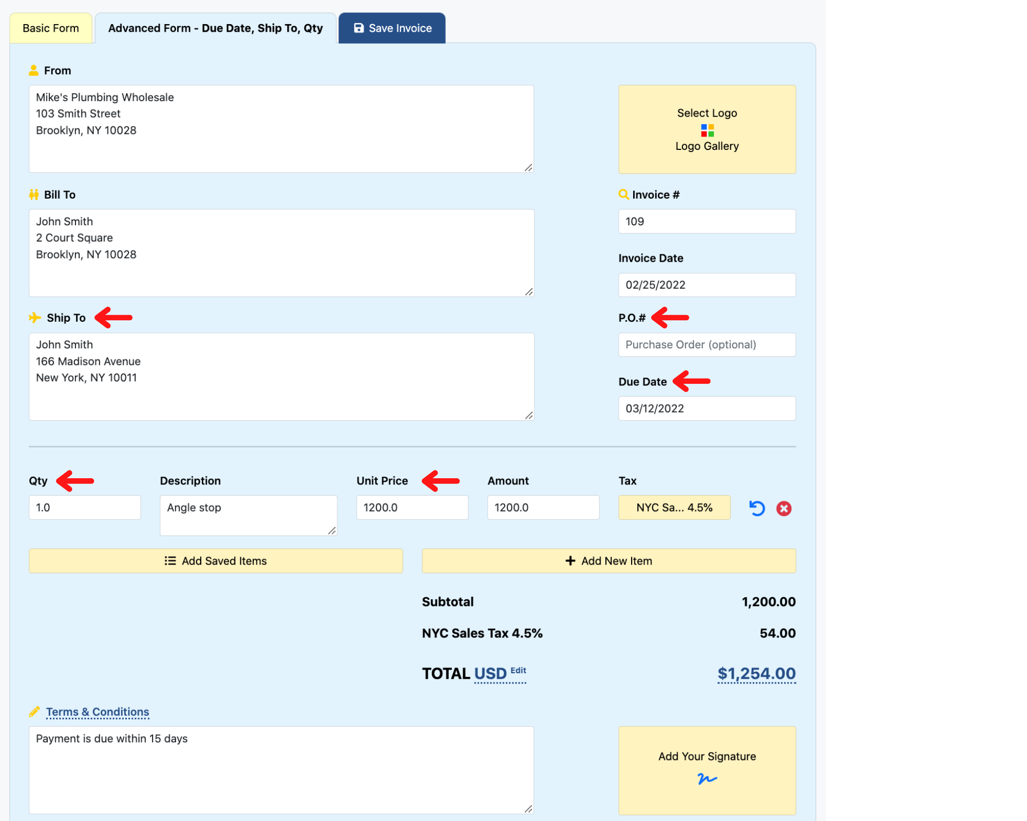 Invoice Home's advanced form