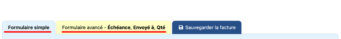 Facture commerciale - onglets formulaires de base et formulaires avancés
