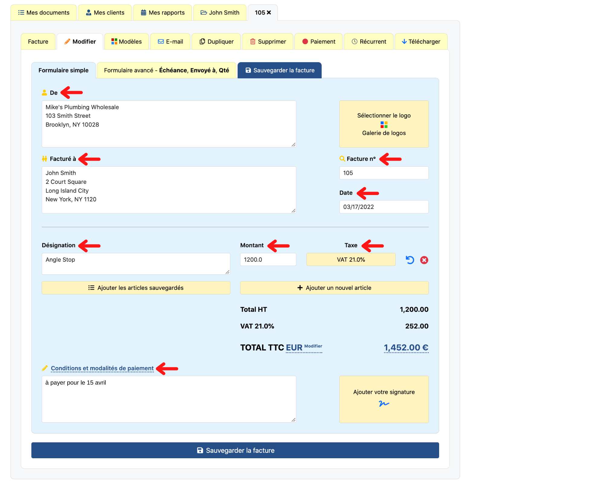 Le formulaire simple d'Invoice Home