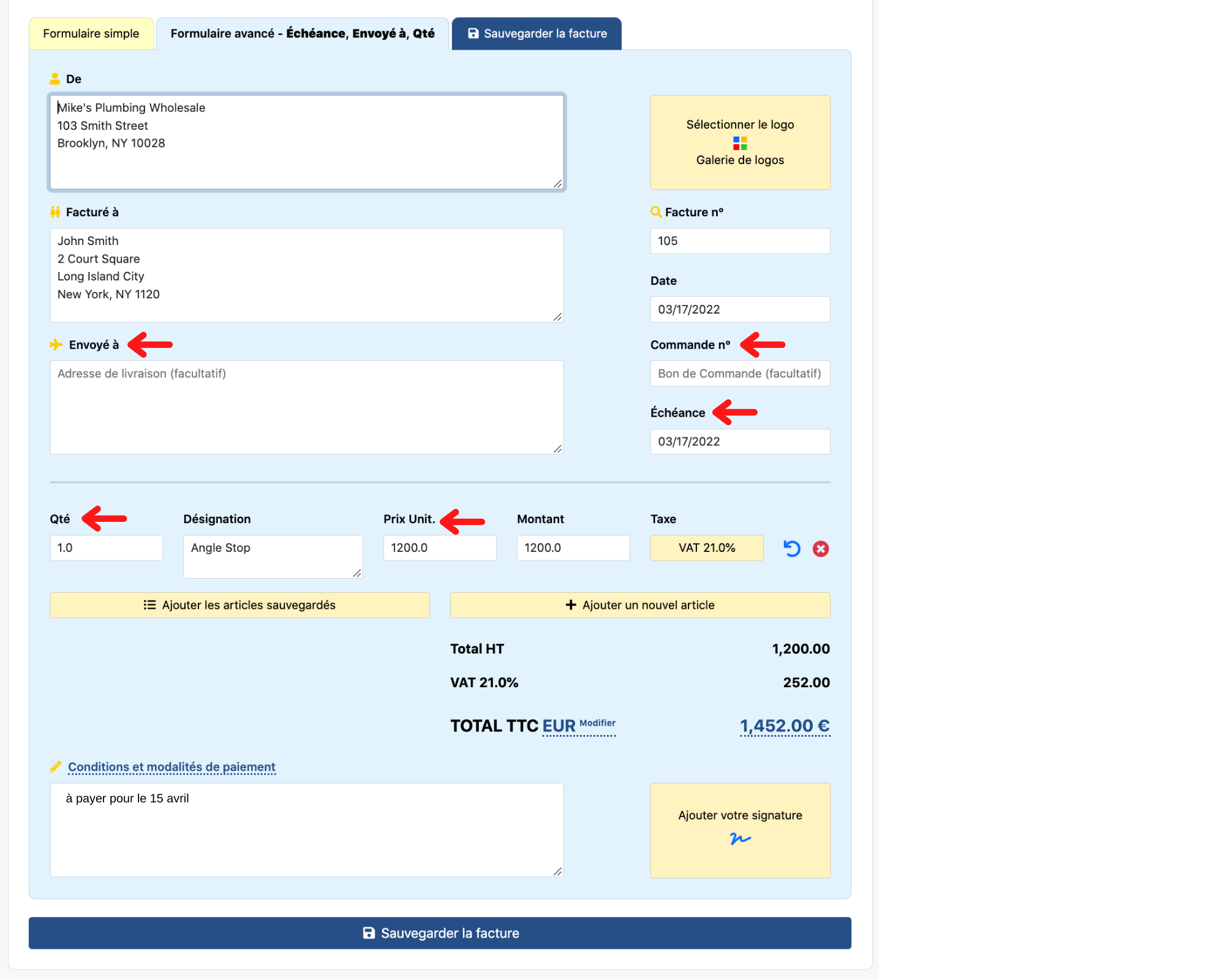 Formulaire avancé d'Invoice Home