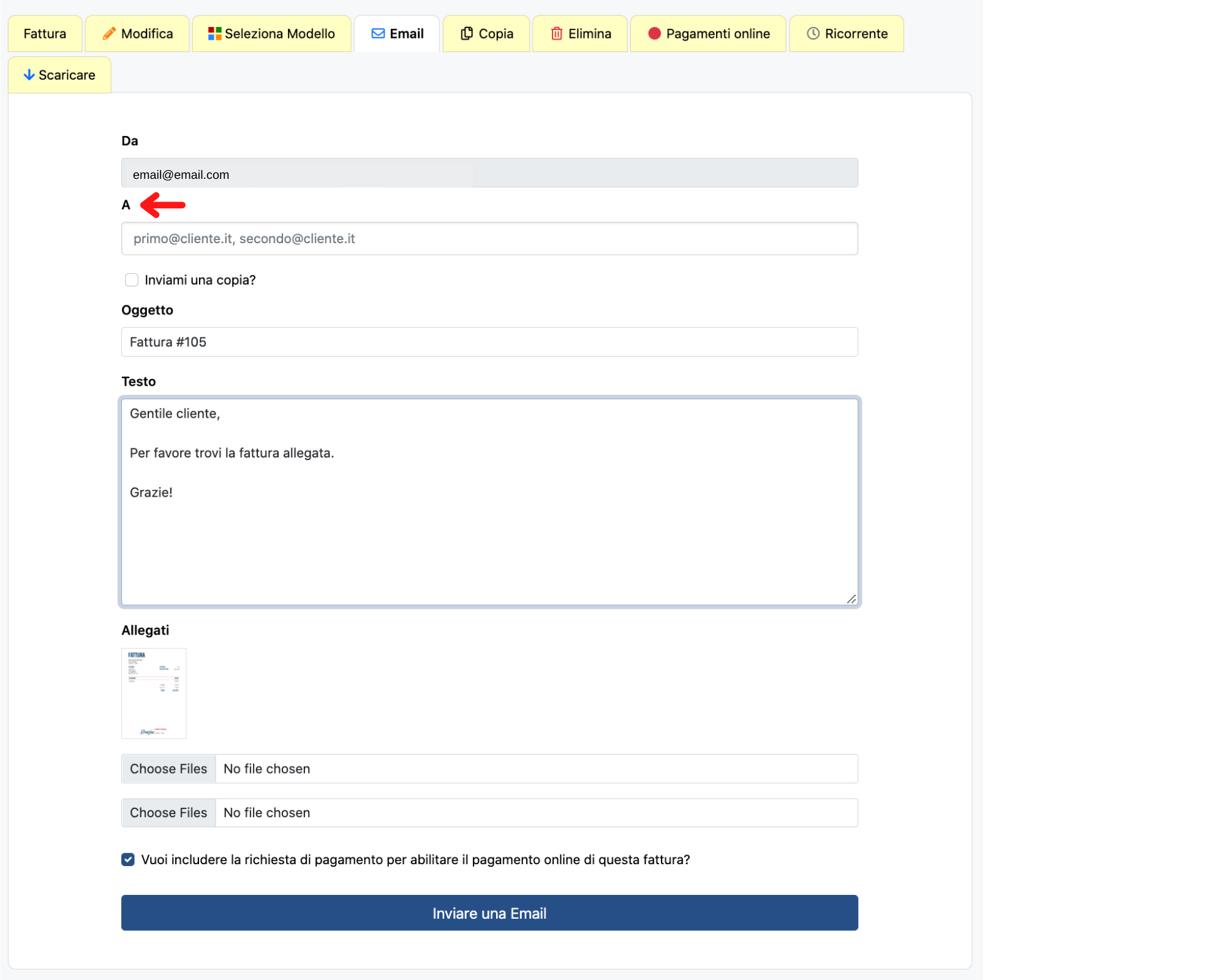 Modulo e-mail di Invoice Home