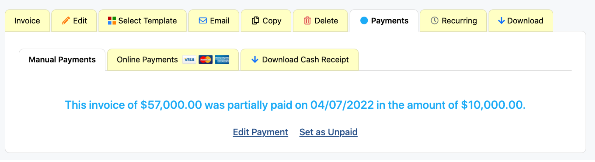 partial payment shown