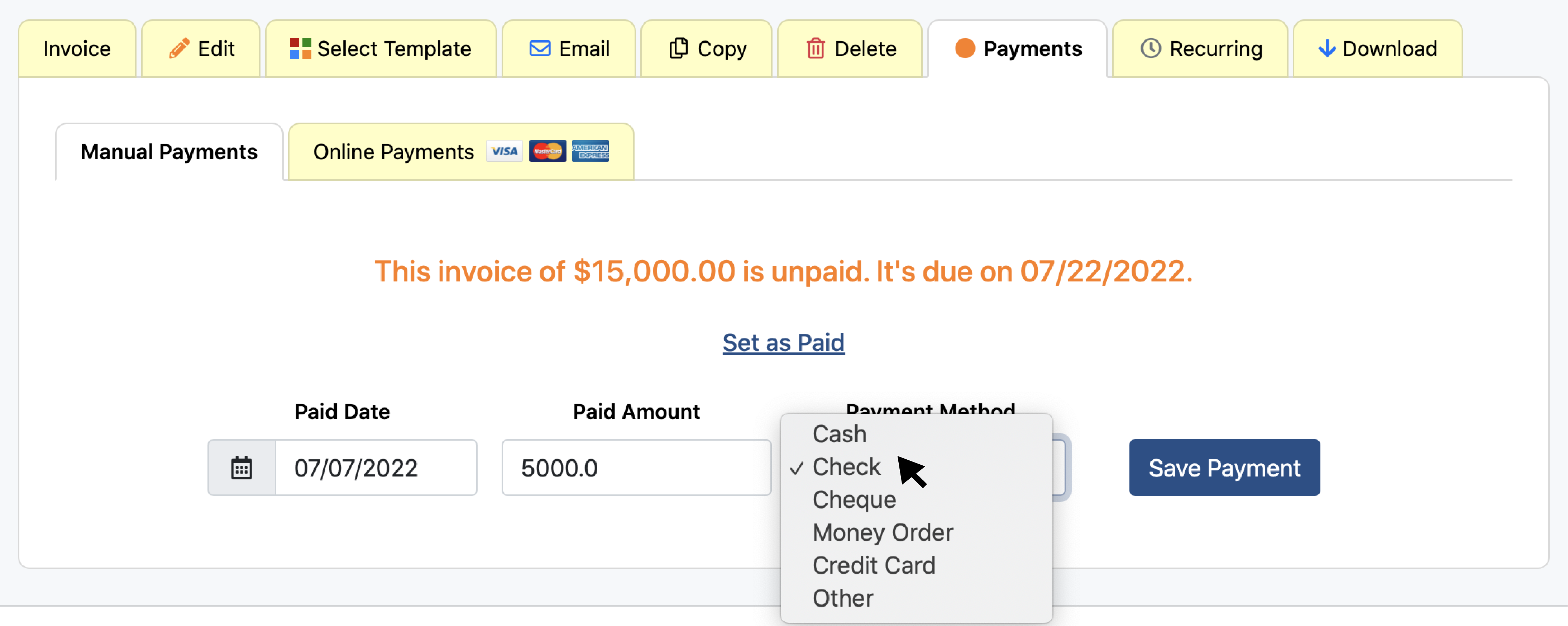 Set Date Amount And Method Of Payment