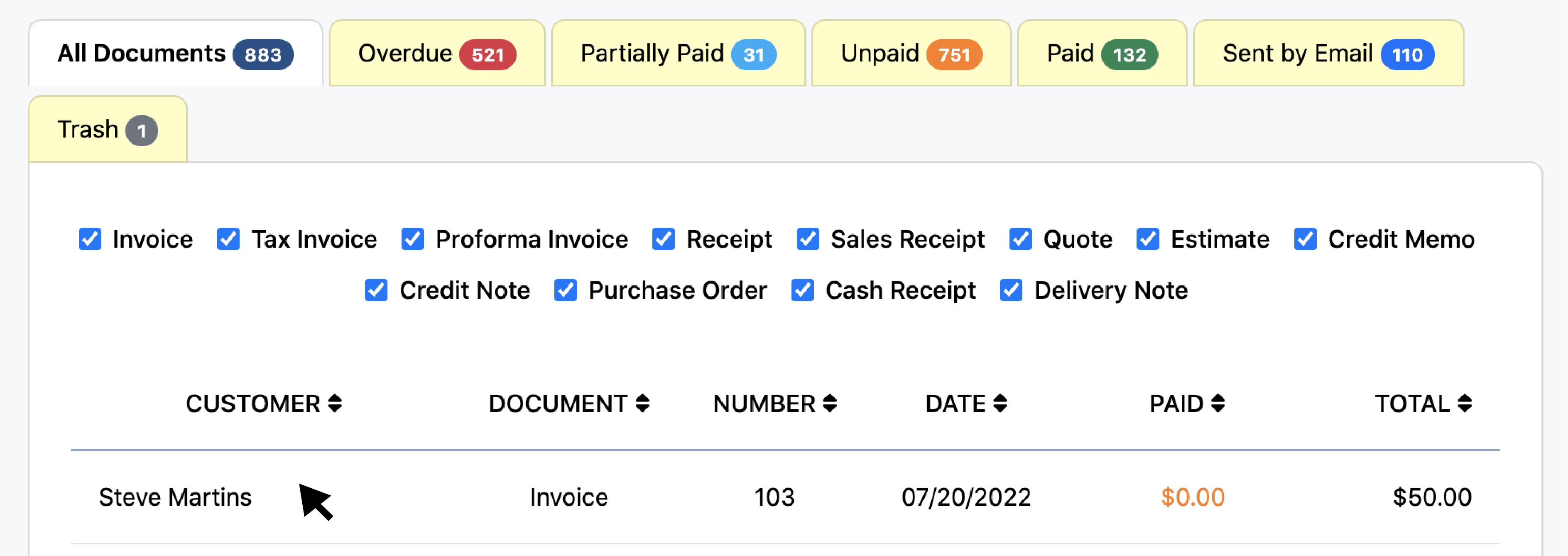 Click Existing Invoice