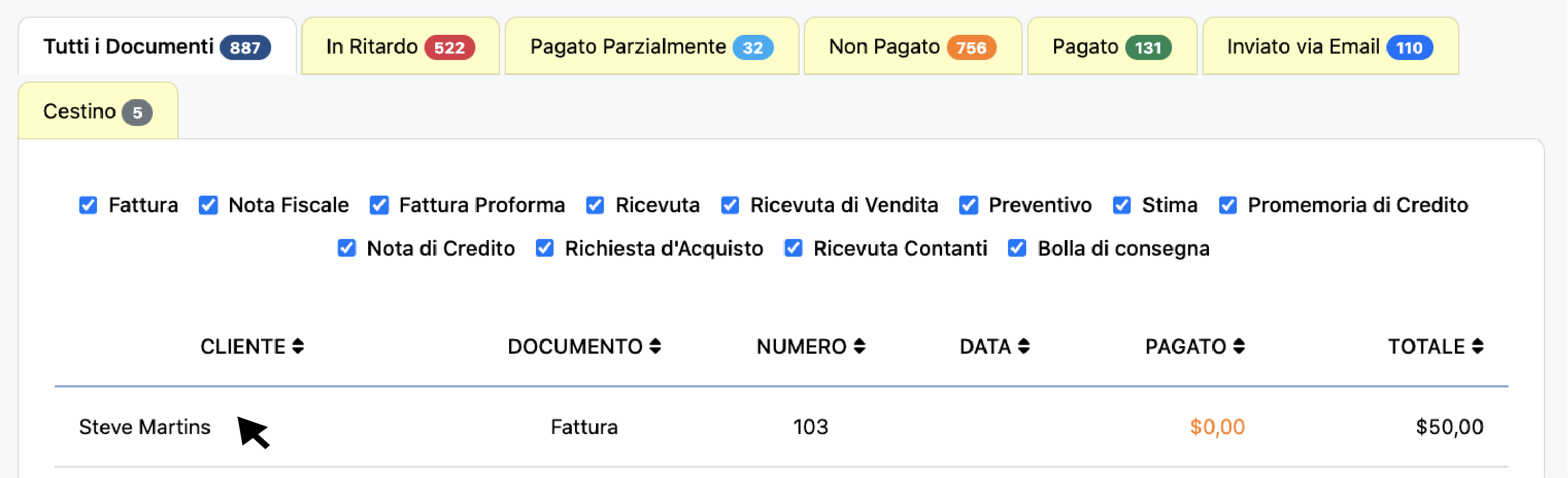 Fai clic su fattura esistente