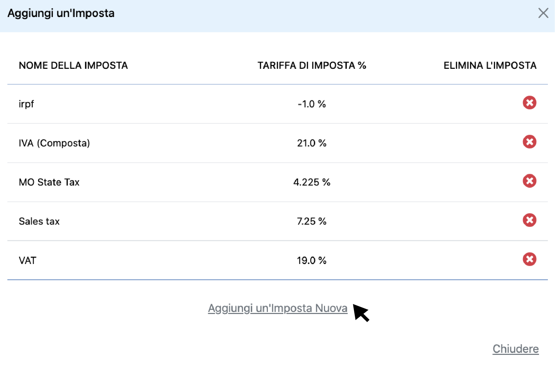 Aggiungi nuova imposta
