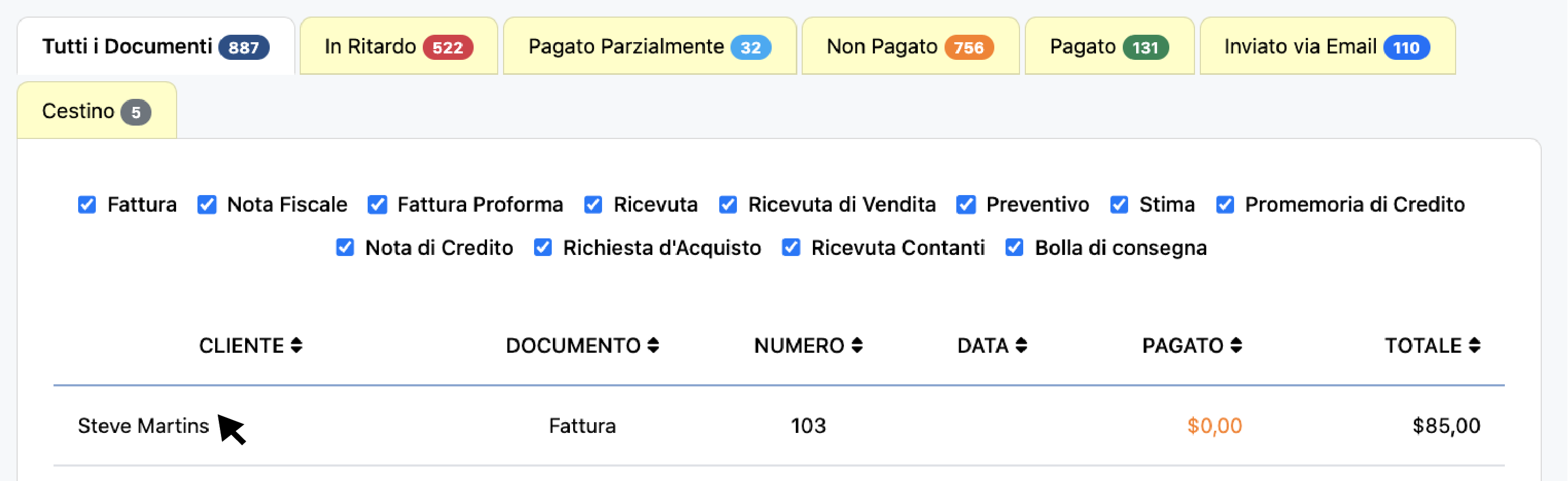 Fai clic su fattura esistente