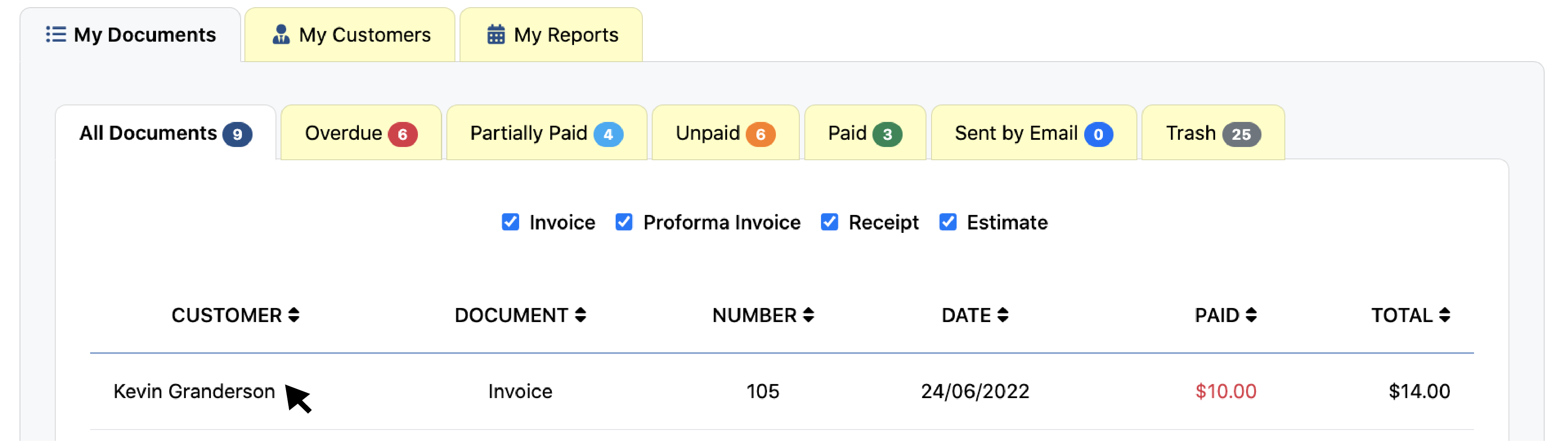 Click Existing Invoice