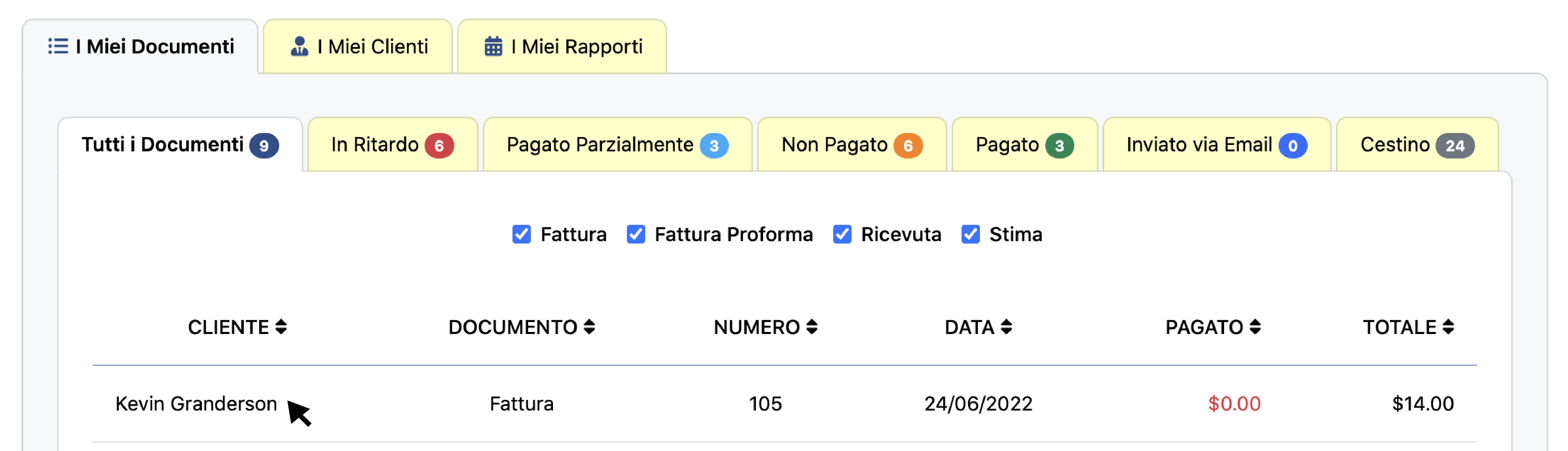 Fai clic su fattura esistente