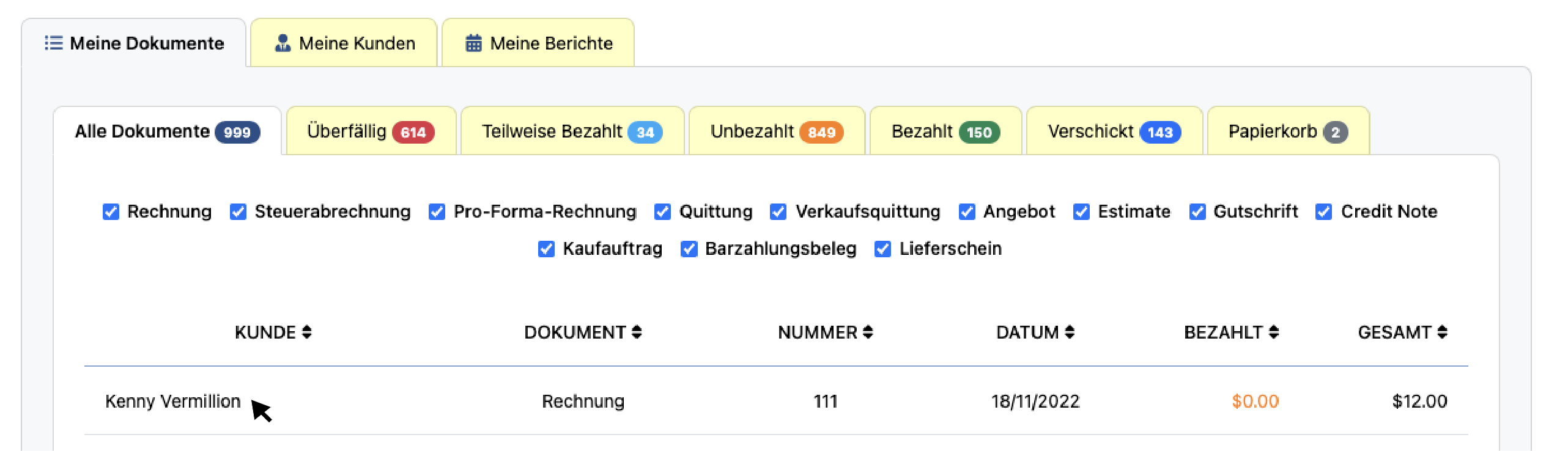 Klicken Sie auf eine Rechnung